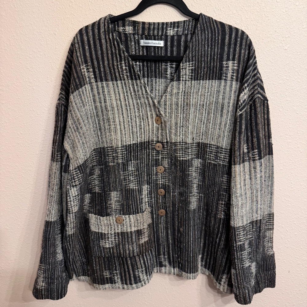 Yasuko Kurisaka Hand Woven Cotton Patchwork Jacket Gray Black Neutral Artisan OS